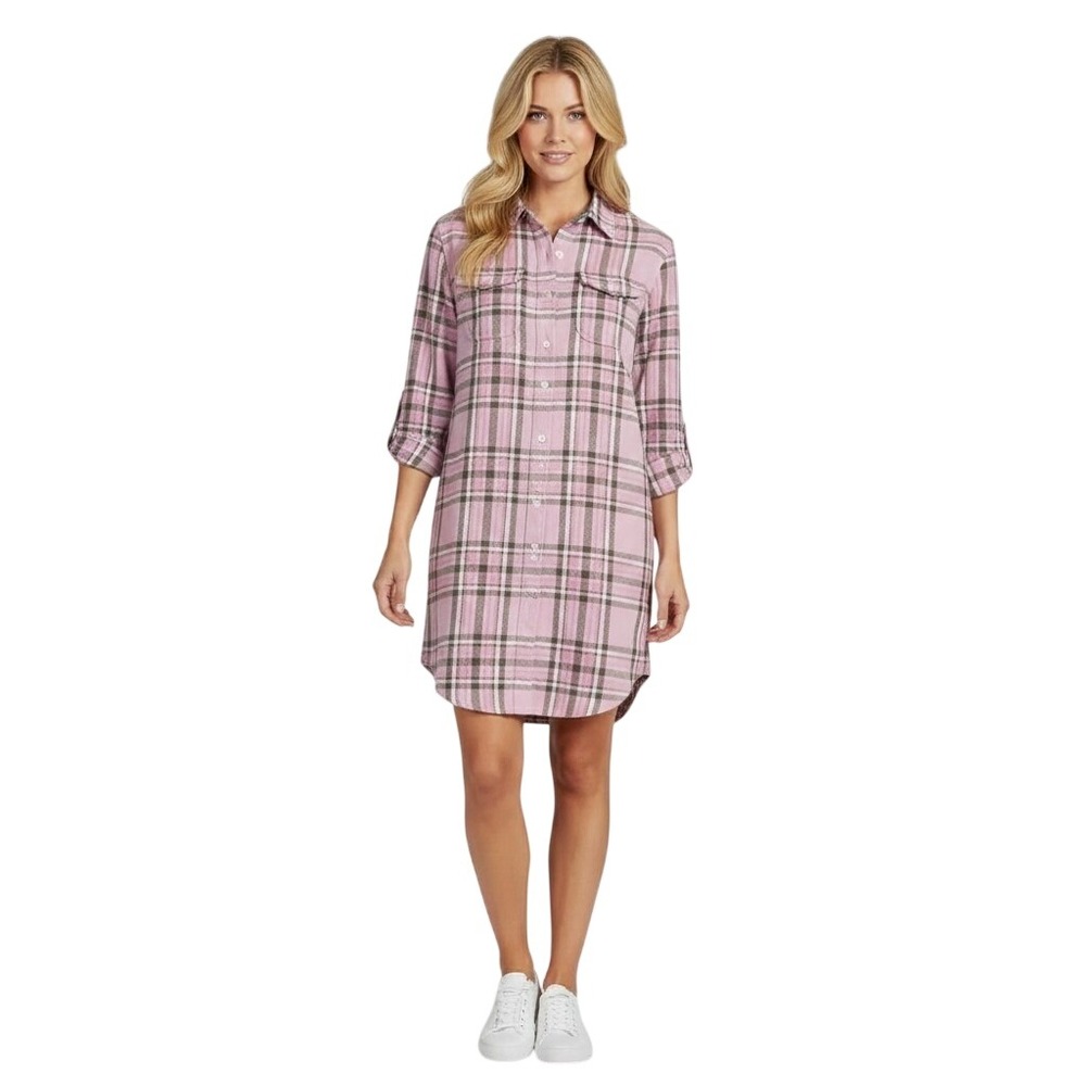 OUTERKNOWN S Blanket Shirt Dress Soft Lilac Halo Plaid Cotton Twill Pink Coastal